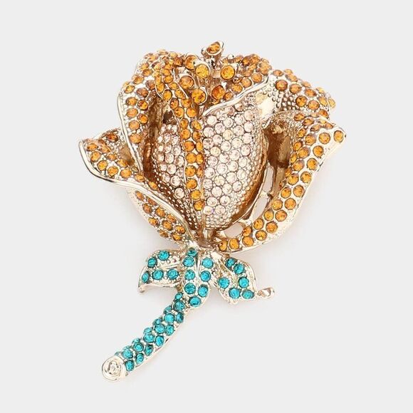 Rhinestone Embellished Rose Flower Pin Brooch - Picture 1 of 5